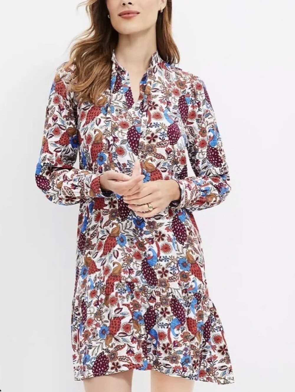 LOFT Peacock Bird Floral Ruffle Dress L Boho Long sleeve Drop waist Summer